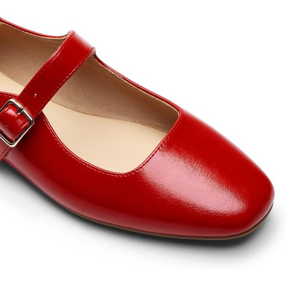 Dream Pairs Women's Red Faux Leather Square Toe Buckle Strap Slip-OnBallet Flats - Picture 2 of 8